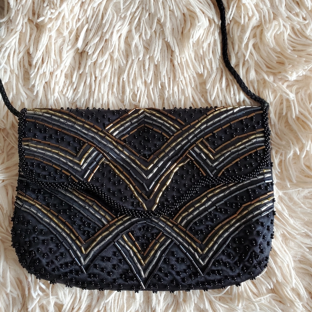 Vintage Black Elegant Chic Handstitched Beaded Clutch Handbag for Women